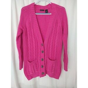 VTG Moda Intl Sweater size Med PINK Med Cable Fisherman Cardigan chore pockets